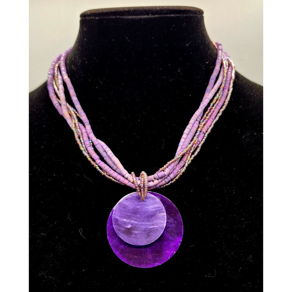 Purple Seed Beaded Necklace with Shell Round Pendant